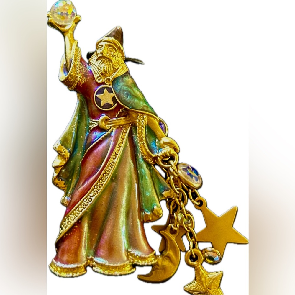 Kirks Folly Pin Brooch Pendant Wizard Enamel Crystal Brushed Gold